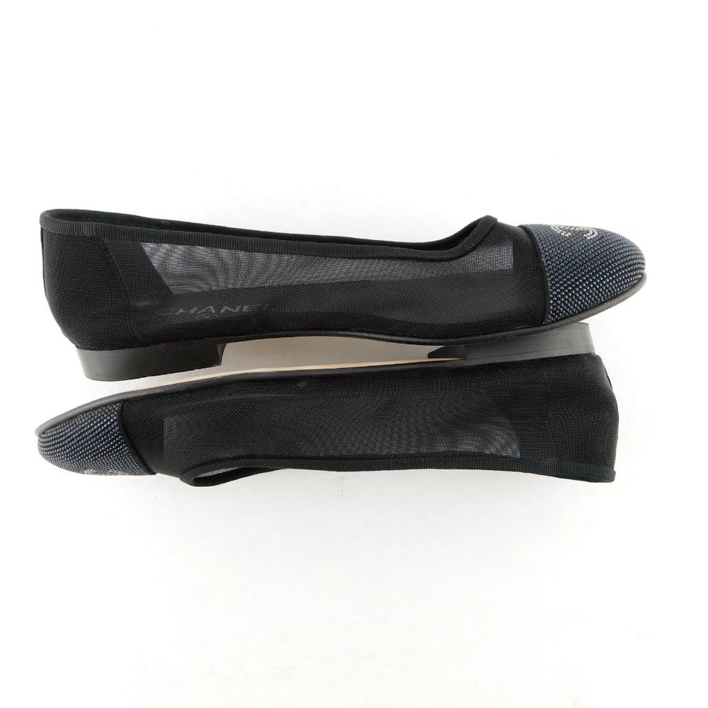 CHANEL Black Crystal CC Logo Cap Toe Mesh Suede Ballet Flats 37.5 - Picture 5 of 9